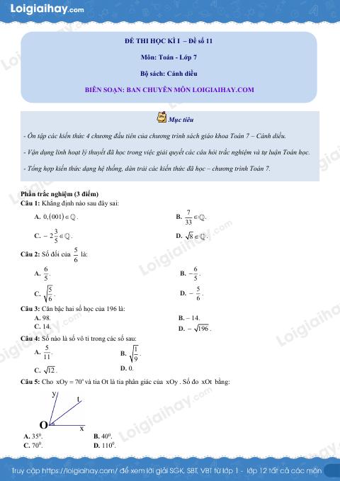 Đề thi học kì 1 Toán 7 Cánh diều - Đề số 11
